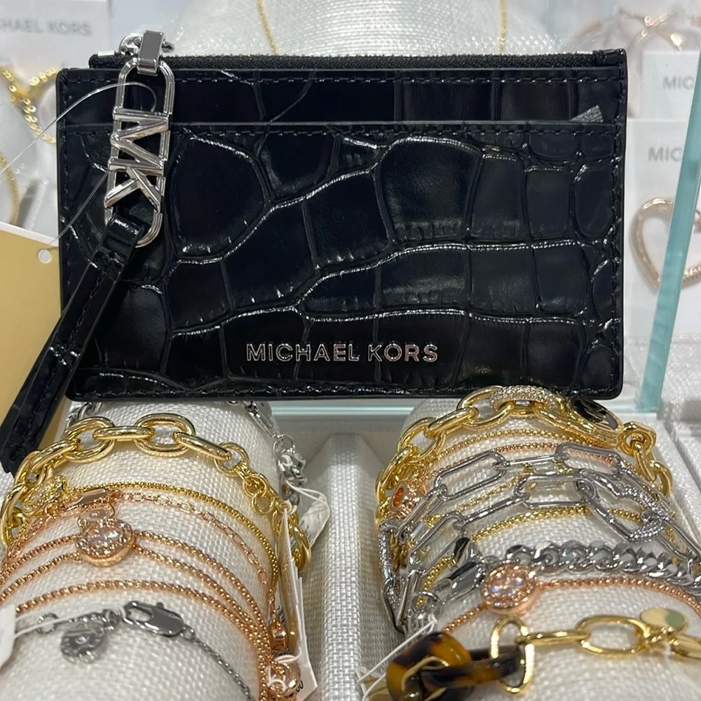 Michael Kors Empire Small Crocodile Embossed Leather Card Case Black  NWT